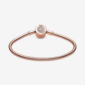 Women's Light Pink Sterling Silver Sparkling Crown O Snake Chain Bracelet Clasp